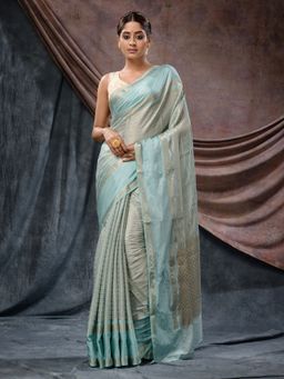 CHARUKRITI - Powder Blue Katan Silk Handloom Zari Woven Stripes Saree with Unstitched Blouse