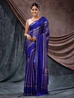 CHARUKRITI - Navy Blue Katan Silk Handloom Zari Woven Stripes Saree with Unstitched Blouse