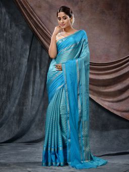 CHARUKRITI - Sky Blue Katan Silk Handloom Zari Woven Stripes Saree with Unstitched Blouse