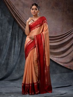 CHARUKRITI - Peach Katan Silk Handloom Zari Woven Design and Stripes Saree with Unstitched Blouse