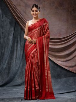 CHARUKRITI - Red Katan Silk Handloom Zari Woven Design and Stripes Saree with Unstitched Blouse