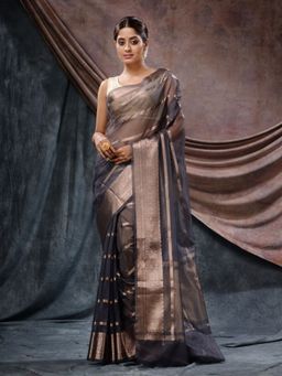 CHARUKRITI - Dark Grey Organza Handloom Zari Woven Stripes Saree with Unstitched Blouse