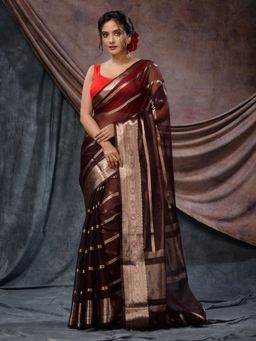 CHARUKRITI - Dark Chocolate Brown Handloom Zari Woven Stripes Saree with Unstitched Blouse