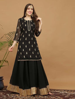 Kaanchie Nanggia - Black Embroidery Georgette Kurta with Skirt (Set of 2)