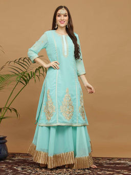 Kaanchie Nanggia - Turquoise Embroidery Georgette Kurta with Skirt (Set of 2)