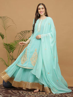 Kaanchie Nanggia - Turquoise Embroidery Georgette Kurta with Skirt & Dupatta (Set of 3)