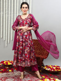Vastramyaa - Women Purple Floral Printed Silk Anarkali Kurta with Pant & Dupatta (Set of 3)