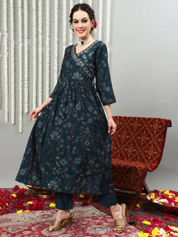 Vastramyaa - Women Teal Blue Floral Silk Angarkha Kurta with Pant & Dupatta (Set of 3)