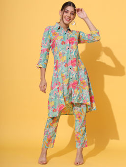 Vbuyz - Women Floral Print A-Line Cotton Multicolor Kurta & Pant Co-Ord (Set of 2)