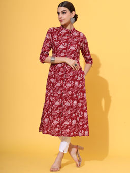 Vbuyz - Women Floral Print A-Line Rayon Maroon Stitched Kurta