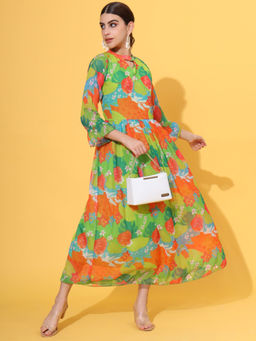Vbuyz - Women Floral Print Flared Chiffon Green Stitched Dress