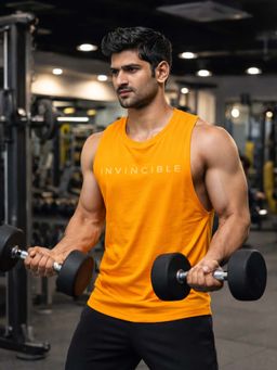 INVINCIBLE - Men Orange Cotton Solid Tank Top