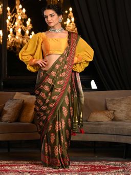 Beatitude - Green Gajji Satin Silk Printed Saree with Unstitched Blouse