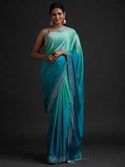 Koskii - Sky Blue Swarovski Semi Crepe Designer Saree with Unstitched Blouse