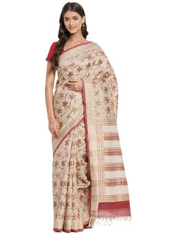 Fabindia - Beige Hand Block Print Silk Saree