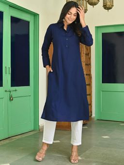 Lavanya The Label - Blue Rayon Solid Kurta With White Pants (Set of 2)