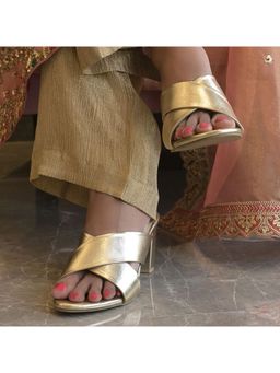 Coral Haze - Gold Leatherette Criss Cross Strap With Block Heels Sandals