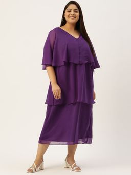 theRebelinme - Plus Size Women Purple Solid Color Georgette Layered Midi Dress
