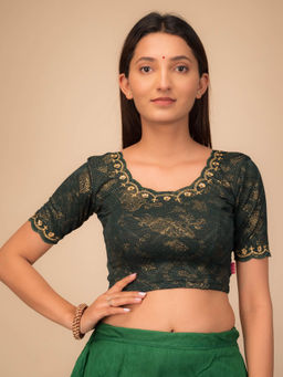 BINDIGASM'S ADVI - Kangaroo Gold Zari Embroidery Scallops Stretchable Pull On Green Blouse