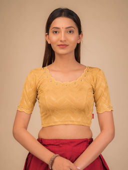 BINDIGASM'S ADVI - Kangaroo Gold Zari Embroidery Scallops Stretchable Pull On Mustard Blouse