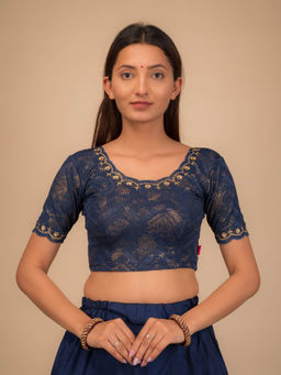BINDIGASM'S ADVI - Kangaroo Gold Zari Embroidery Scallops Stretchable Pull On Navy Blue Blouse