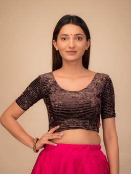 BINDIGASM'S ADVI - Vasu Overlap Velvet Gold Foil Stretchable Pull On Brown Blouse