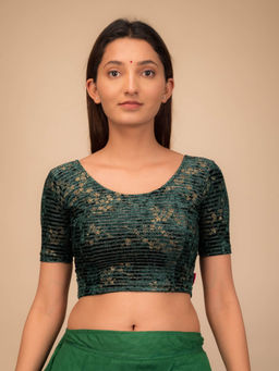 BINDIGASM'S ADVI - Vasu Overlap Velvet Gold Foil Stretchable Pull On Green Blouse