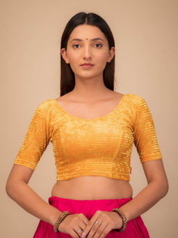 BINDIGASM'S ADVI - Vasu Overlap Velvet Gold Foil Stretchable Pull On Mustard Blouse