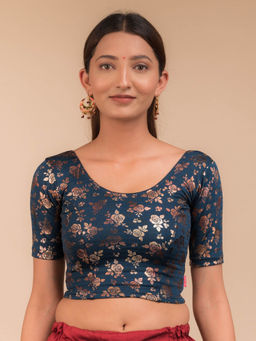 BINDIGASM'S ADVI - Akshar Rose Gold Rose - 3D Foil Navy Blue Blouse
