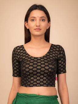 BINDIGASM'S ADVI - Chandrika Floral Foil With Pearl At Back Stretchable Pull On Black Blouse