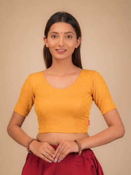 BINDIGASM'S ADVI - Chandrika Floral Foil With Pearl At Back Stretchable Pull On Mustard Blouse