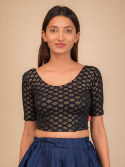 BINDIGASM'S ADVI - Chandrika Floral Foil With Pearl At Back Stretchable Pull On Navy Blue Blouse