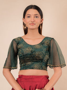 BINDIGASM'S ADVI - Aneeth Rose Velvet Embroidered Bell Sleeves Stretchable Pull On Green Blouse
