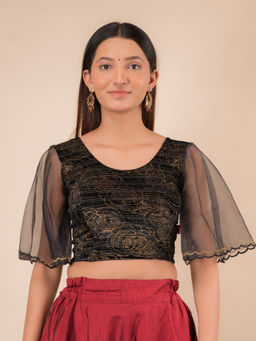 BINDIGASM'S ADVI - Aneeth Rose Velvet Embroidered Bell Sleeves Stretchable Pull On Black Blouse
