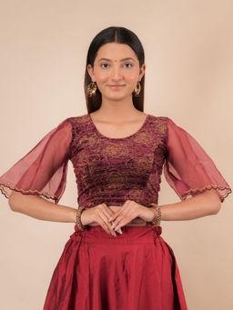 BINDIGASM'S ADVI - Aneeth Rose Velvet Embroidered Bell Sleeves Stretchable Pull On Maroon Blouse