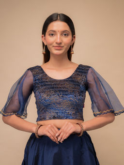 BINDIGASM'S ADVI - Aneeth Rose Velvet Embroidered Bell Sleeves Stretchable Pull On Blue Blouse