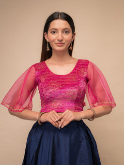 BINDIGASM'S ADVI - Aneeth Rose Velvet Embroidered Bell Sleeves Stretchable Pull On Pink Blouse