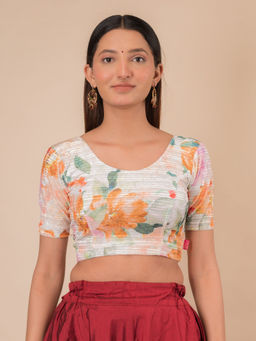 BINDIGASM'S ADVI - Hima Floral Print Velvet Zari Readymade Stretchable Pull On Off White Blouse