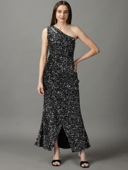 SHOWOFF - Womens Embellished One Shoulder Black Maxi Dress