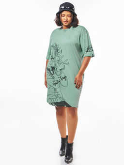 Bewakoof - Womens Green Himiko Toga Graphic Oversized Plus Size T-Shirt Dress