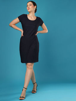 Globus - Women Navy Blue Round Neck Knitted Self Textured Sheath Dress