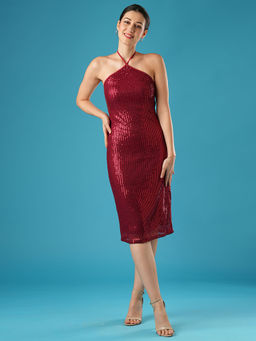 Globus - Women Maroon Sequined Tie-Back Halter Neck Midi Party Dress