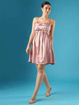 Globus - Women Pink Shoulder Straps Bow Detail Gathered A-Line Party Dress