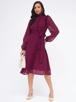 Kibo - Womens Magenta Dobby Skater A-Line Midi Dress