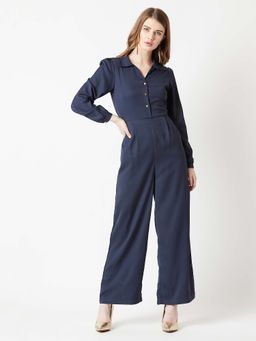 Miss Chase - Navy Blue Collared Full Sleeve Solid Satin Straight Leg Maxi Jumpsuit