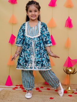 AJ Dezines - Blue Cotton Floral Print Girls Kurta & Salwar (Set of 2)