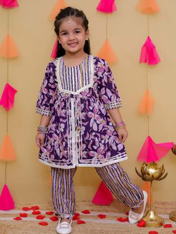 AJ Dezines - Purple Cotton Floral Print Girls Kurta & Salwar (Set of 2)