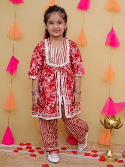 AJ Dezines - Red Cotton Floral Print Girls Kurta & Salwar (Set of 2)