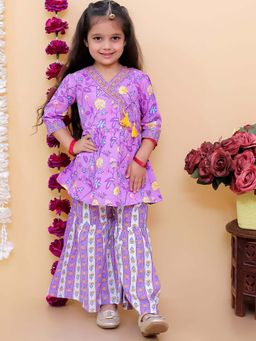 AJ Dezines - Purple Cotton Floral Print Kurta & Sharara (Set of 2)