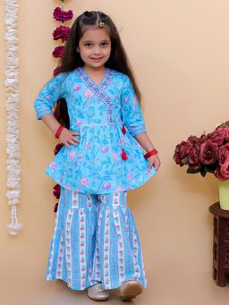 AJ Dezines - Sky Blue Cotton Floral Print Kurta & Sharara (Set of 2)
